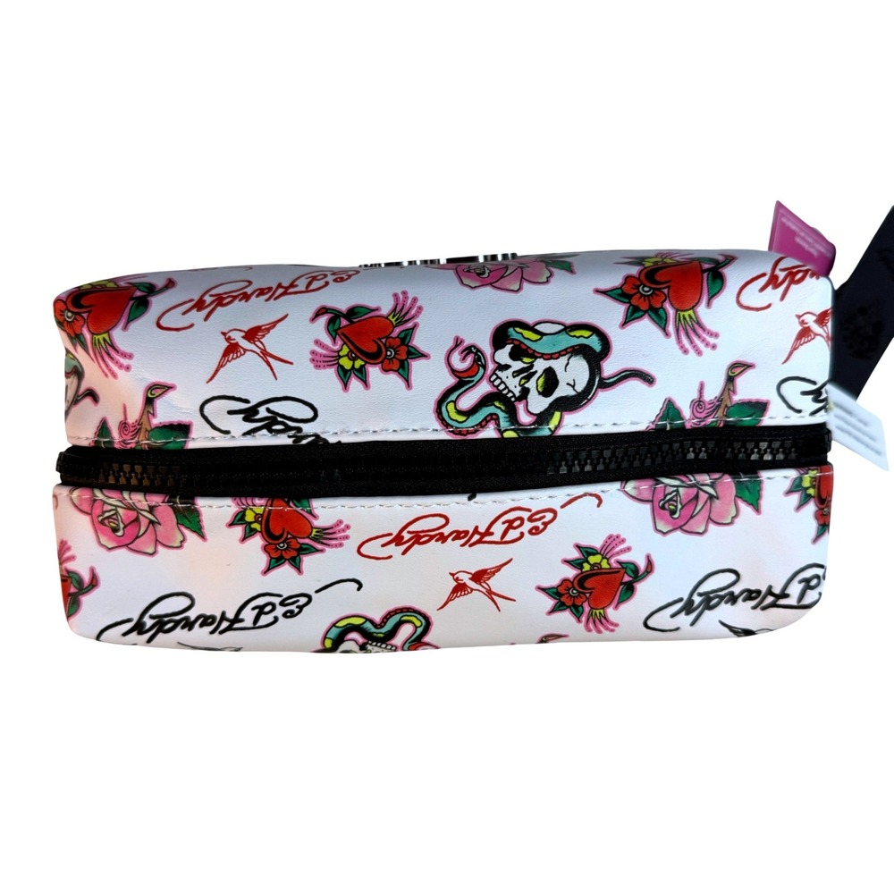 Ed Hardy Cosmetic Bag Womens White Tattoo Print‎ Skull Rose Y2K Travel Bag NWT View 4
